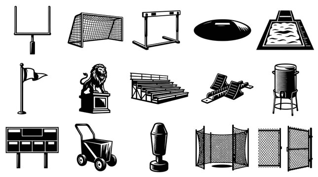 Sports Industry Vector Icons: Black and White Line Art Set of Athletic Equipment and Facilities