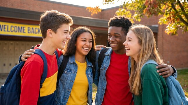 Diverse Group of Happy Teenagers Laughing Together Outside School Building on First Day of Class Back to School Concept High School Friends Hugging and Smiling Outdoors
