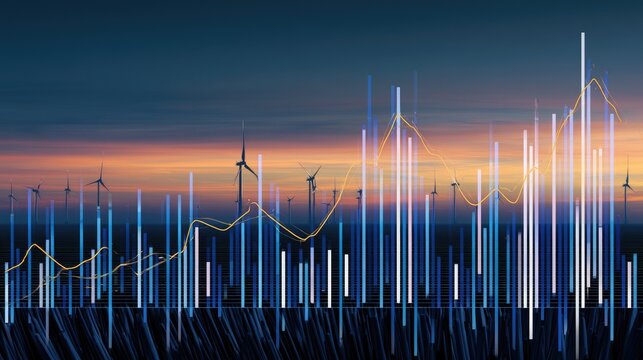 Wind turbines and data graph blend, signifying green energy growth and analysis
