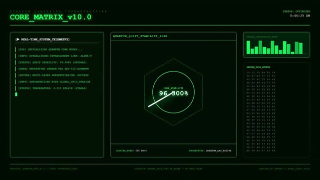 Core Matrix Quantum Computing Qubit Stability Scan Neural Processing AES512 Telemetry Dashboard Animation.