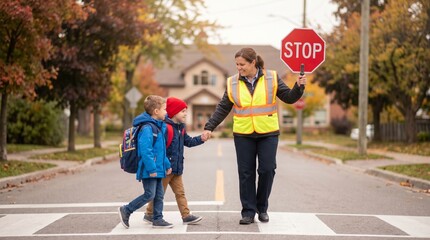 Fototapeta premium Crossing guard helping two young elementary school children cross the street safely on a suburban road during autumn, representing community safety and education