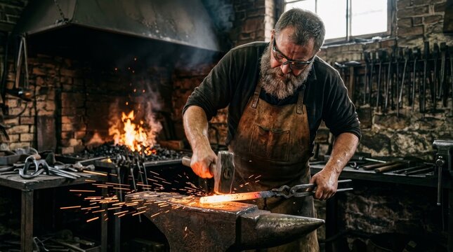 Artisan blacksmith shaping glowing metal sparks at traditional forge process