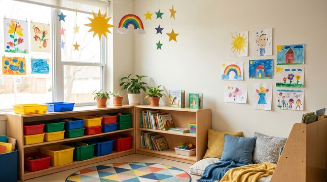Cozy Preschool Classroom Corner with Colorful Storage Bins and Childrens Artwork for Early Childhood Education and Daycare Learning Environment