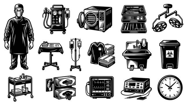 Black  White Vector Illustration Set of Medical Hospital and Surgical Equipment Elements
