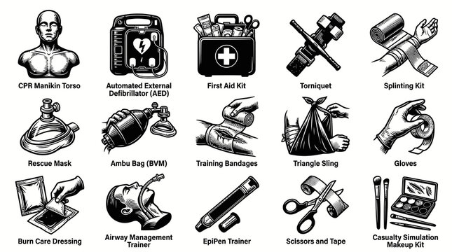 First Aid and Medical Emergency Training Equipment Set. Health Safety Tools in Black and White Line Art.