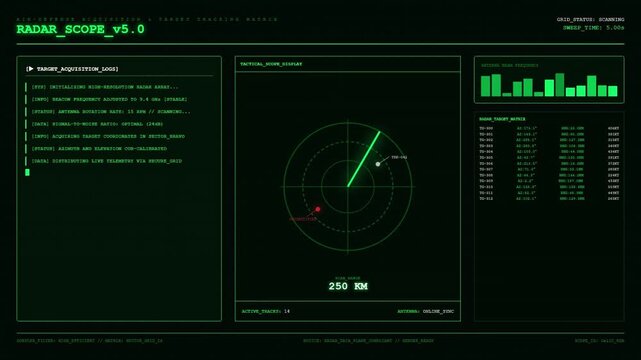 Radar Scope Air Defense Target Acquisition Tactical Scope Doppler Antenna Tracking Military Dashboard Animation.