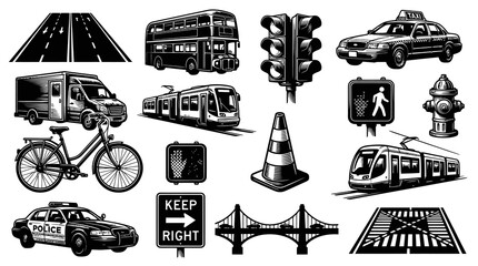 Obraz premium Black and White Vector Icons: Transportation and Traffic Safety Objects