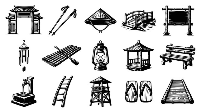 Asian Cultural  Outdoor Adventure Elements Set: Vintage Engraving Style Black  White Icons