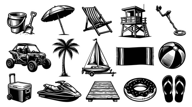 Black and White Vintage Engraving Style Summer Beach Vacation Icons Set with Holiday Travel and Recreation Items