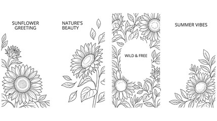 Hand drawn sunflower line art banners for greeting cards and posters. © SABIKUNNAHAR