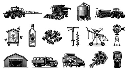 Obraz premium Black and White Line Art of Farm Equipment, Machinery, and Harvest