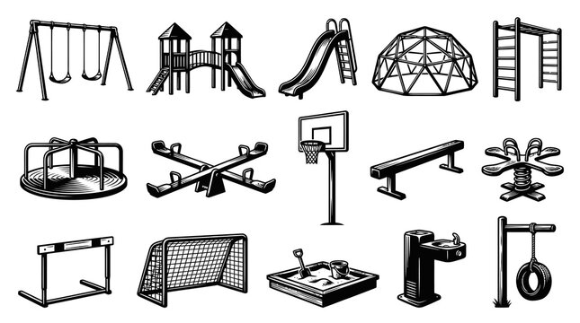 Black and White Line Art Collection of Playground Equipment for Kids