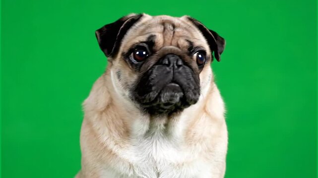 Pug Dog Close Up Looking at Camera Green Screen