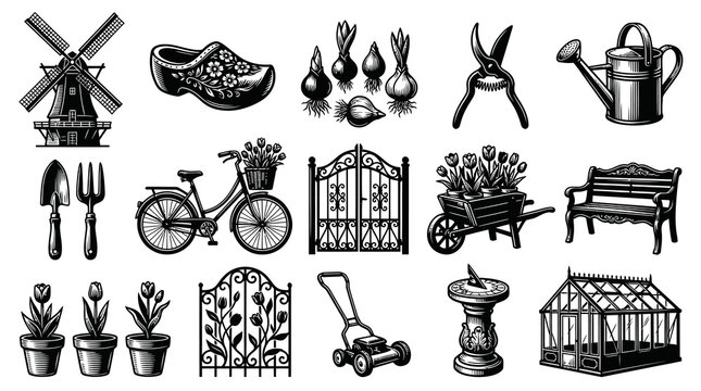 Black  White Line Art Gardening Icons Set: Vintage Engraving of Garden Tools, Plants  Outdoor Elements