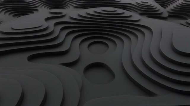 Abstract black and white 3D textured waves with metallic smooth lines and circular patterns