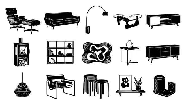 Mid-Century Modern Furniture Vector Icons - Black and White Line Art
