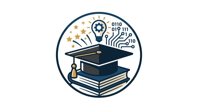 Digital Education Graduation Cap and Books with Lightbulb and Binary Code