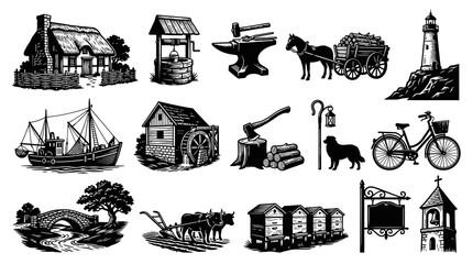 Obraz premium Vintage Rural Life and Countryside Elements Engraving Style Collection - Black and White Illustrations Set