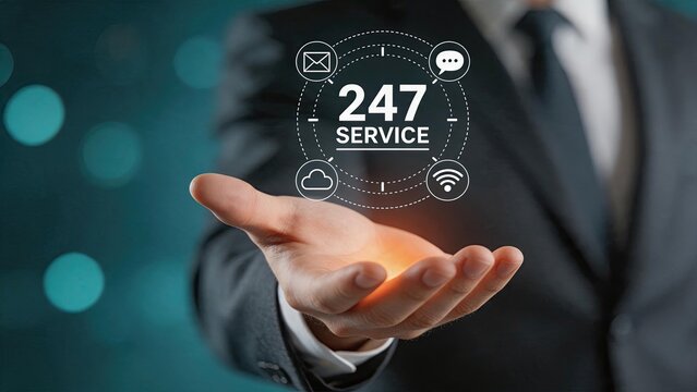 Businessman hand holding 24/7 service hologram, digital support concept with communication icons for customer care and technical assistance availability.