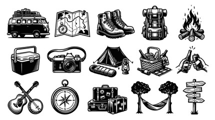 Obraz premium Black and White Line Art Icons: Camping and Outdoor Adventure Gear