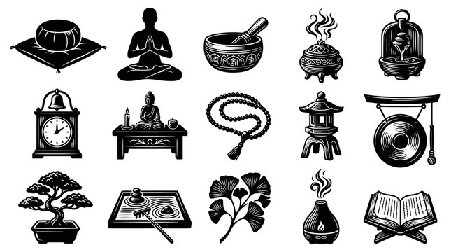 Zen Meditation and Buddhist Spirituality Engraved Black  White Line Art Vector Icons Set