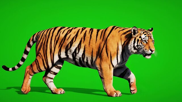 Tiger Walking on Green Screen Background