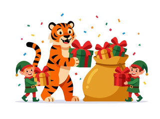 Obraz premium Cheerful cartoon tiger and Christmas elves packing gift boxes into a large sack with festive confetti.