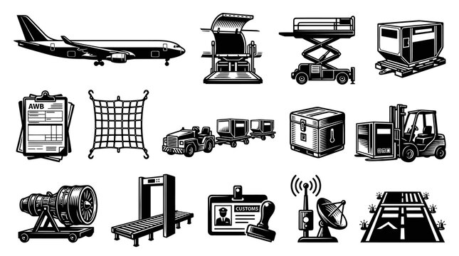 Black and White Line Art Vector Illustrations Set of Airport Operations, Air Cargo, and Aviation Logistics