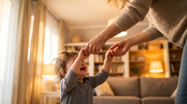 Joyful mother holding hands with her young child, as the child dances with excitement