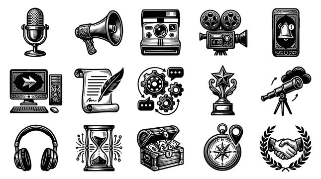 Black  White Vector Icons: Microphone, Megaphone, Camera, Computer, Scroll, Gears, Trophy, Telescope, Headphones, Hourglass, Chest, Compass, Handshake