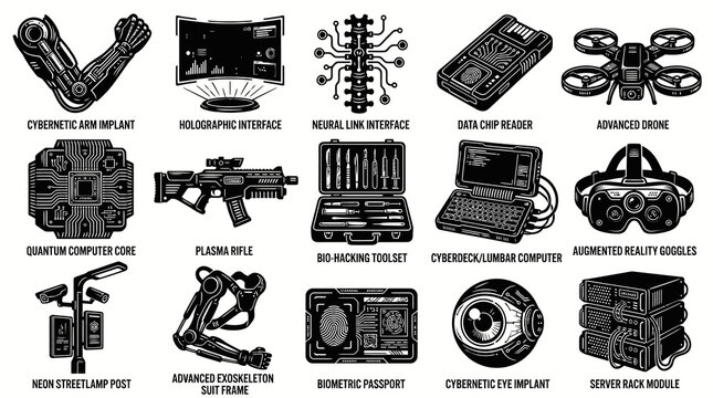 Futuristic Cyberpunk Technology Icons: Black and White Line Art Set