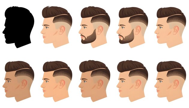 Men Barber Hairstyles Fade Cut Undercut and Quiff Vector Grid Set