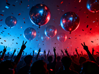 Fototapeta premium Celebration with floating metallic balloons at vibrant party with confetti and red lighting