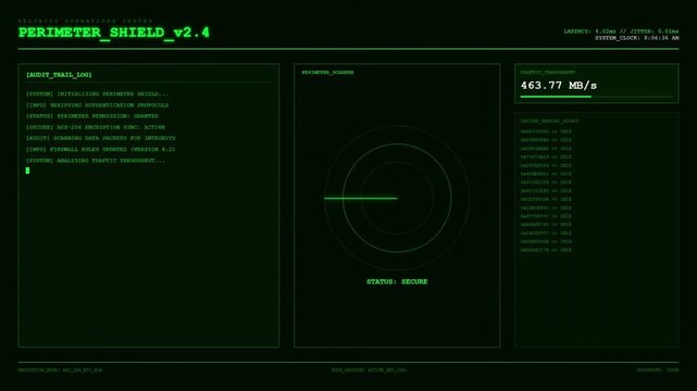 Perimeter Shield Security Operations Center Scanner Audit Trail AES256 Firewall Traffic Dashboard Animation.