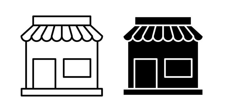 Storefront icon in outline and solid style, isolated on white background. Perfect for retail, e-commerce, and local business features in mobile and web design.