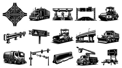 Obraz premium Road Construction Transportation Infrastructure Elements in Black White Engraving Style