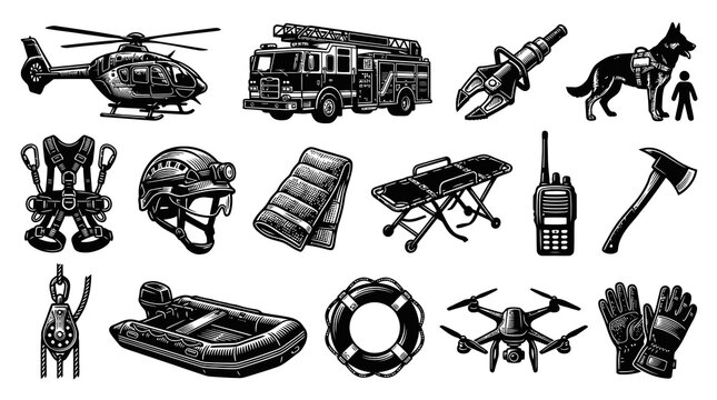 Emergency Services Rescue Equipment Icons Set in Engraving Style. First Responder Gear, Safety Tools  Vehicles