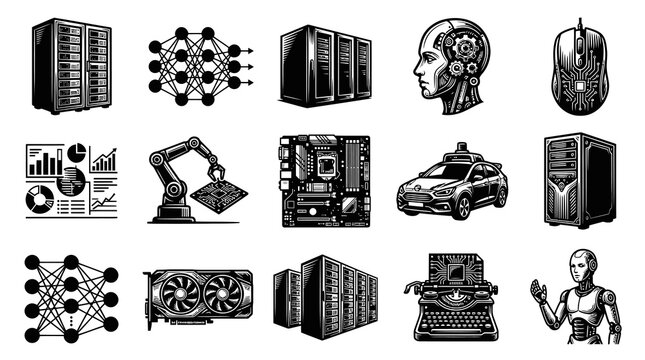 Technology Icons: AI, Robotics, Computing, Servers, Data, Computer