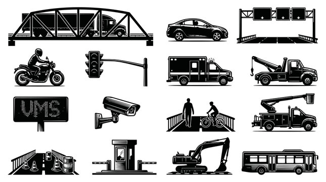 Black and White Vector Icons of Transportation and Traffic Control Elements