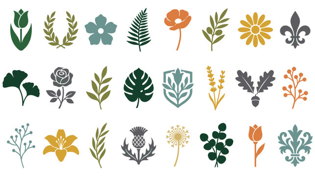 Set of unique colorful floral and leaf elements for logo design and prints.