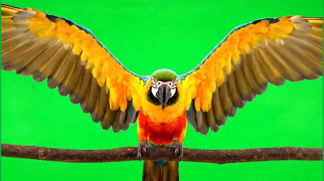 Blue and Gold Macaw Perched on Branch Green Screen