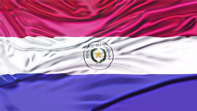 Paraguayan Flag Waving Realistic 3D Cloth Motion. Paraguay National Flag Seamless Waving Loop Background.