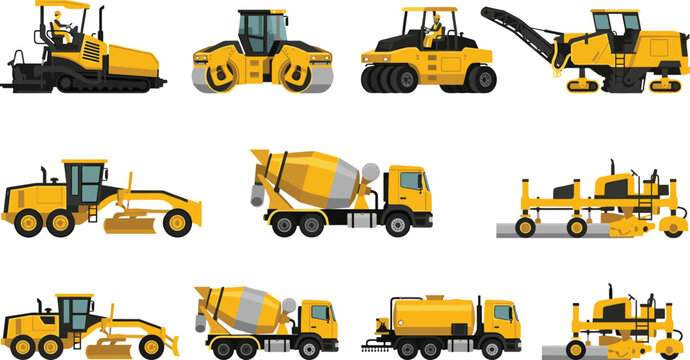 Professional road construction heavy machinery set with asphalt paver road roller motor grader and concrete mixer truck vector