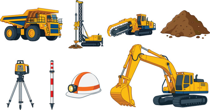 Professional vector illustration set of mining equipment heavy construction machinery and earthmoving vehicles for industrial projects