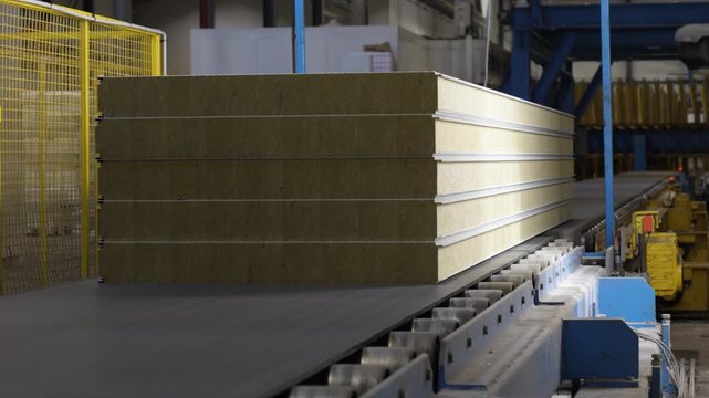 Revealed from behind a partition, a towering stack of rock wool sandwich panels advances face-on along a roller conveyor.