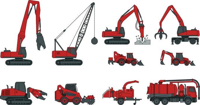 Red industrial demolition and waste management machinery vector set including excavator breaker, wrecking ball crane and vacuum truck