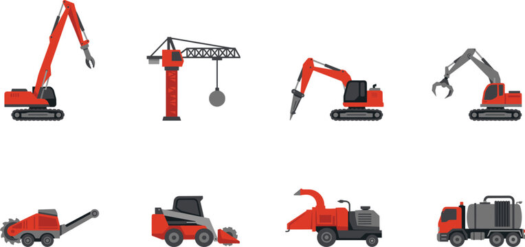 Red industrial demolition and waste management heavy machinery vector set including wrecking ball crane and vacuum truck