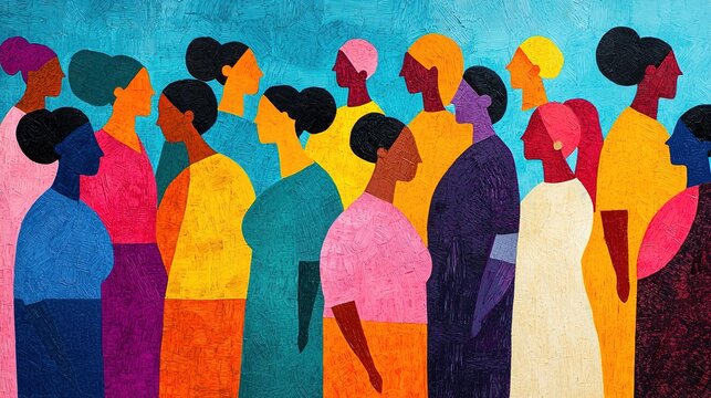 Cultural exchange among diverse women urban setting vibrant artwork colorful environment dynamic perspective