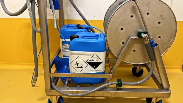 Chemical containers with hazard labels on industrial cleaning cart, hose reel attached