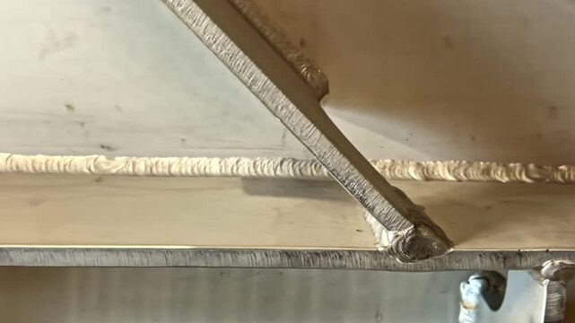 Camera slides along clean metal welds joining large steel plates in workshop lighting